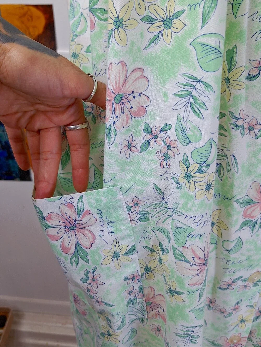 Vintage 80s Floral Sleeveless Midi House Dress M Lace Cottagecore Grannycore - Picture 4 of 6